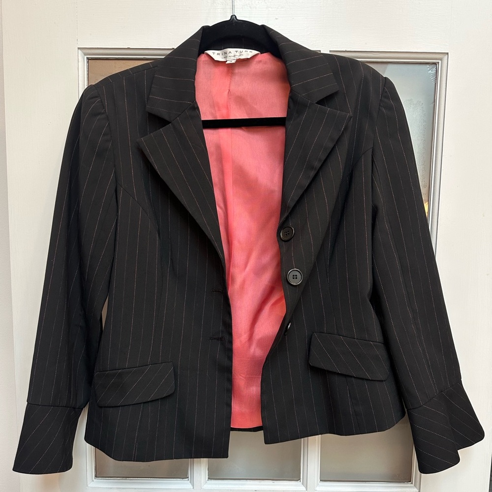 Trina Turk Black Pink Pinstripe Blazer Jacket Shabby Chic Career Women’s Size 4